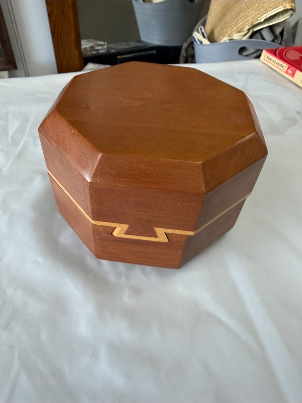Octagonal Wooden Jewelry Box in Brown with Light Inlay